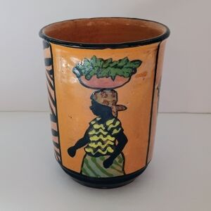 Vintage Signed Hand Painted Studio Pottery Mug Featuring A Tribal African Design
